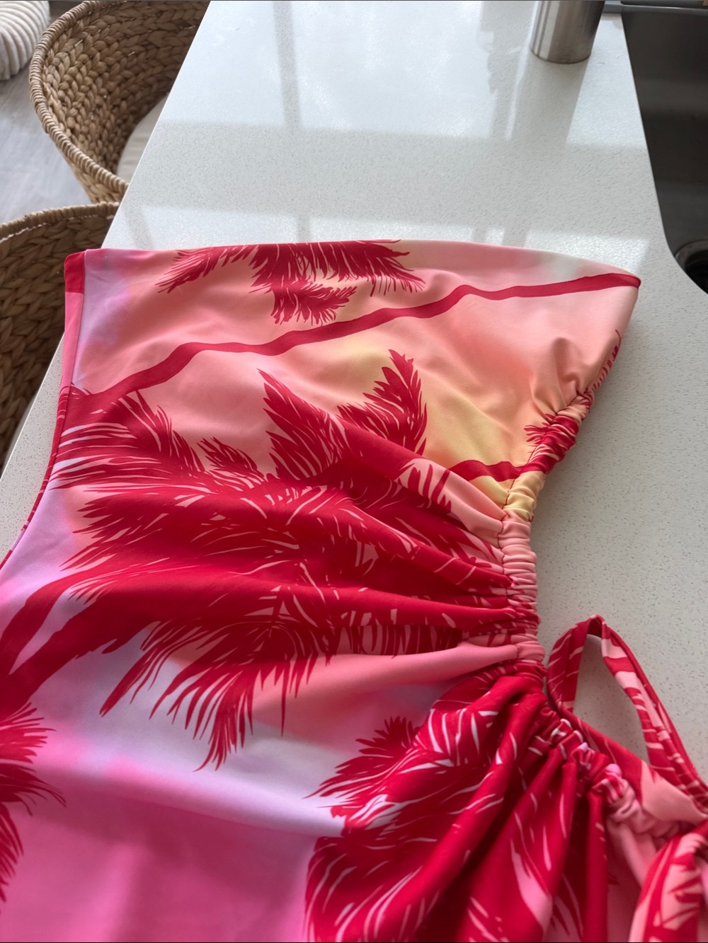 Pink Tropical Print Mini Dress - Strap Tie Detail - Picture 3 of 5